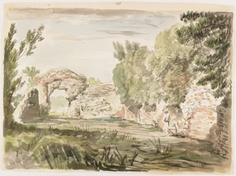 Landschaft mit Bäumen, Ruine und drei Figuren